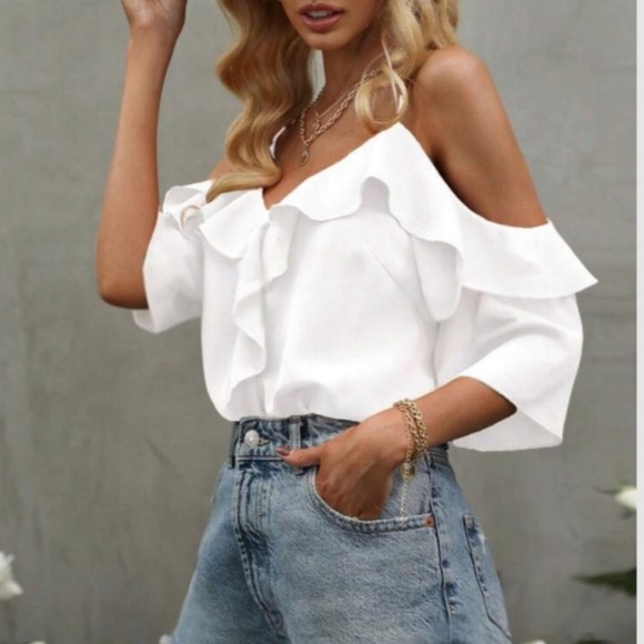 Boho mustard yellow cold shoulder blouse - Picture 4 of 8